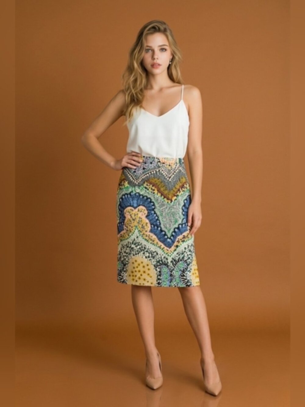 Moulinette Soeurs SZ 0P Festive Multicolor Midi Lined Pencil Skirt Side Zip